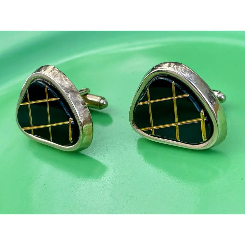 Vintage 1960s Chunky Mens Cufflinks Black Glass Matrix - Picture 4 of 8